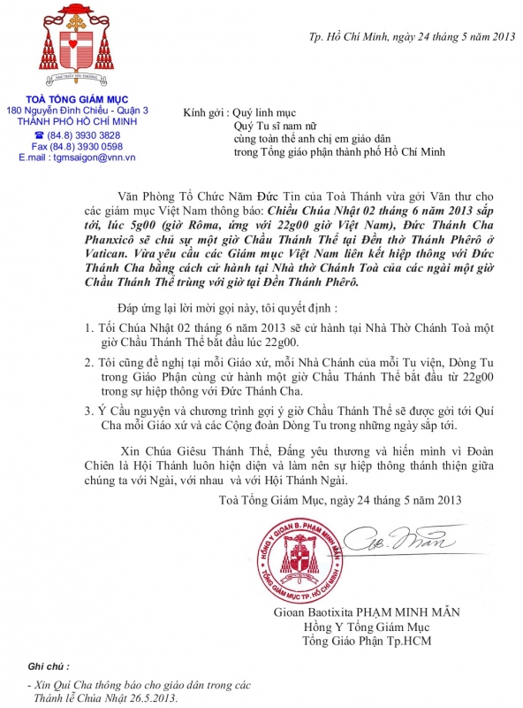 lá thư về việc tổ chức Giờ Chầu Thánh Thể tại các giáo xứ, vào Chúa nhật lễ Mình Máu Thánh Chúa Kitô, ngày 2 tháng 6 năm 2013